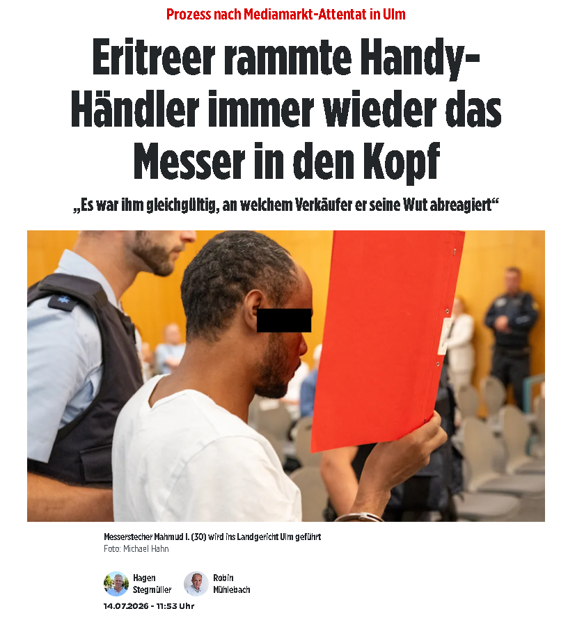 anti_grune's tweet photo. Ein 30-jähriger Eritreer, seit 2017 hier, frisch aus dem Knast (3,5 Jahre wegen gefährlicher Körperverletzung), sticht einen MediaMarkt-Verkäufer 15-mal mit einem Küchenmesser in Kopf, Bauch und Flanke – weil er „Frust“ hatte. Opfer mehrfach reanimiert, 12 Tage im Koma.  Deutschland importiert sich kaputt. Abschieben statt alimentieren. Sofort. #Ulm #Messermigration