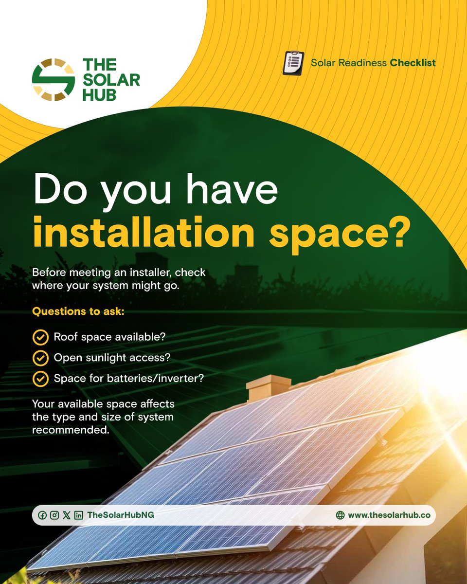 TheSolarNestNG's tweet photo. Quick Solar Check!

Do you have:

- Roof space?
- Sunlight access?
- Space for batteries/inverter?

Preparation matters.

#TheSolarHub #SolarEnergyNigeria #RenewableEnergy #SolarSolutions #NigeriaTech https://t.co/VJhhdBdJy6