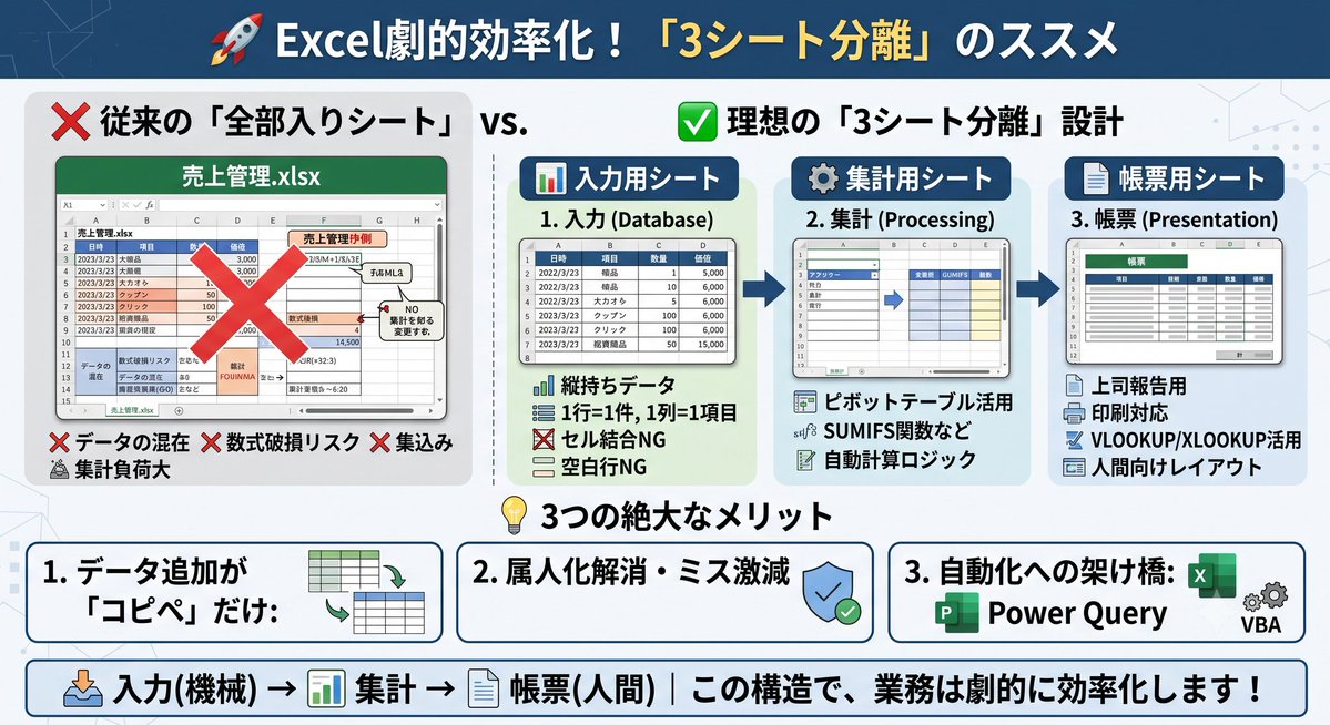 doroase_EXCEL's tweet photo. 🚀 Excelが劇的に軽くなる！
「入力・集計・帳票」3シート分離！
_
「データが増えると数式が壊れる…」 「集計に時間がかかる…」

そんな原因は、1つのシートに
「入力」「計算」「見た目」を
すべて詰め込んでいることにあります。

💡Excelを使いやすく、壊れにくいツールに変える鉄則。 
それが 「入力・集計・帳票（出力）」の3シートを完全に分けることです。

❌️なぜ「全部入りシート」はダメなのか？
→「人間の見やすさ」と「PCの処理しやすさ」を混同しているからです。

見栄えのためにセル結合や空白行を挟むと、Excelは正しいデータベースとして認識できず、フィルターや関数が正常に機能しなくなる可能性が高くなります。

✨️理想の設計「3シート分離」の役割とルール
Excelを1つのシステムと考え、役割を明確に分けます。

🖥️① 入力用シート（データベース）
役割：データを蓄積する場所
見た目ではなく、Excelが最も処理しやすい形を最優先にします。

✅ データは「縦持ち」で下へ追加する ✅ 1行＝1件、1列＝1項目、1セル＝1値 ✅ セル結合・空白行・空白列は絶対NG
 ✅ 列ごとにデータ型（文字・数値・日付など）を統一する

📊② 集計用シート（データの加工・計算）
役割：入力データを自動で計算・分類する「工場」

✅ ピボットテーブルや集計関数（SUMIFSなど）を活用する
 ✅ 普段の業務では、このシートへ直接手入力しない

📄③ 帳票用シート（データの出力・閲覧）
役割：人間がデータを理解するために可視化する。帳票、グラフ、報告資料、印刷、プレゼン

✅ セル結合やフォント装飾はここだけで使用する 
✅データ部部分は手入力はせず、
上記② 集計用シート からXLOOKUPやVLOOKUP等でデータを取得する

🖥️📊📄シートを分離する3つのメリット
① データ追加が「コピペ」だけで終わる
入力用シートの一番下へデータを追加するだけで、集計や帳票が自動更新される仕組みになります。

② 属人化が解消し、ミスが激減する
作業者は「入力シートへ値を入れるだけ」。 計算ロジックやレイアウトの数式を誤って壊すリスクが大幅に減ります。

③ 高度な自動化へつながる
きれいな「縦持ち」データになるため、AI活用やPower Queryやマクロ（VBA）への移行が容易になります。

✅ 4. まとめ
Excelが使いにくくなるのは、
「入力」「計算」「見た目」が同じ場所で渋滞しているからです。

📥 入力用：Excel（機械）のため
📊 集計用：入力と帳票をつなぐため
📄 帳票用：人間のため

✨この構造を意識するだけで、あなたのExcel業務は劇的に効率化します！
