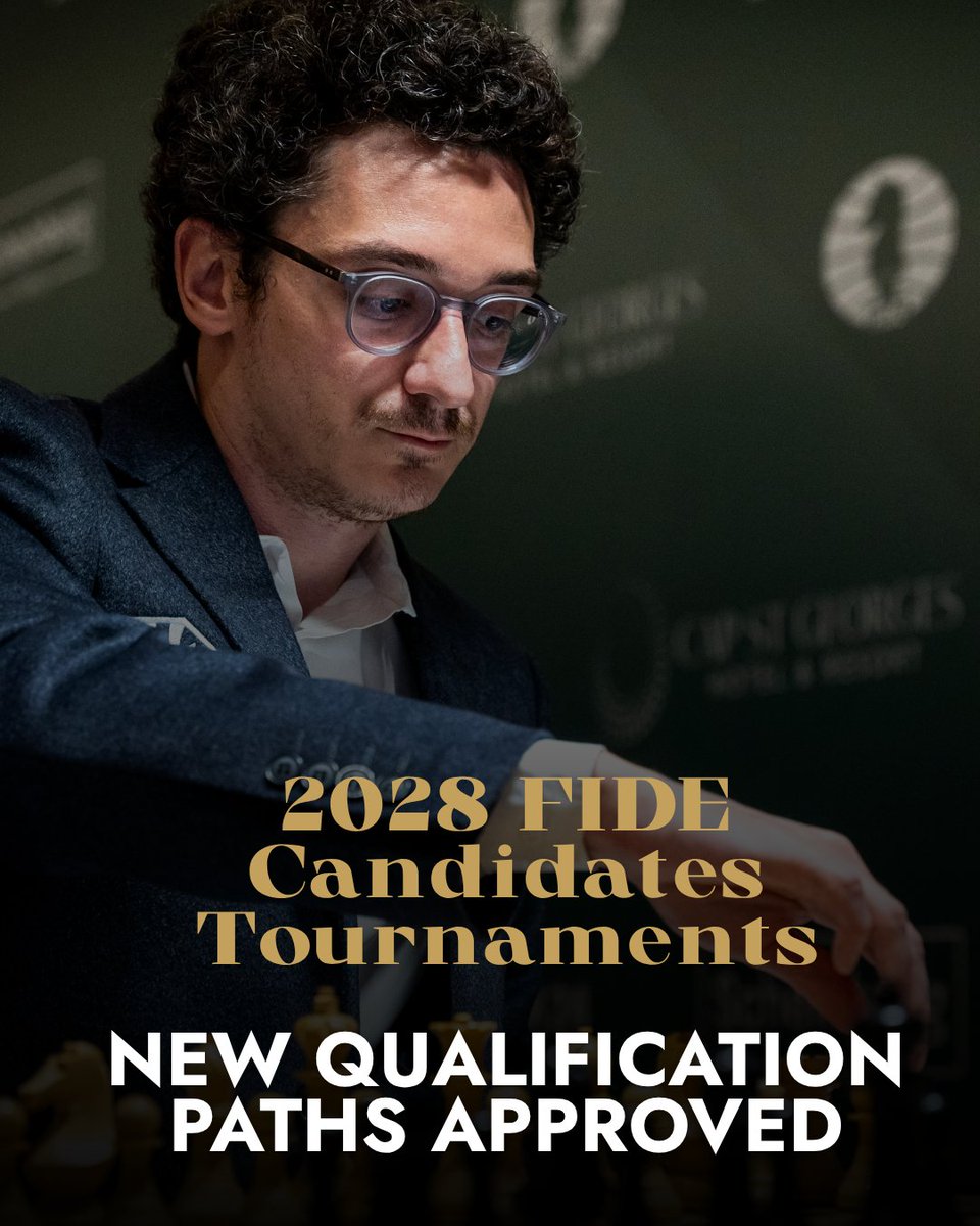 FIDE_chess's tweet photo. ♟ The FIDE Council has approved qualification paths for the FIDE Candidates Tournament 2028 and the FIDE Women’s Candidates Tournament 2028, following proposals developed by the Global Strategy Commission. The regulations introduce new qualification opportunities while maintaining a balanced pathway through FIDE’s premier competitions.

▪️ FIDE Candidates Tournament 2028

Eight players will qualify through the following pathways:
FIDE Grand Swiss Tournament 2027 – 2 players
Total Chess World Championship Tour 2026–2027 – 2 players
FIDE World Cup 2027 – 2 players
FIDE Circuit 2026-2027 – 2 players

▪️ FIDE Women’s Candidates Tournament 2028

Eight players will qualify through the following:
FIDE Women’s Grand Swiss 2027 – 2 players
FIDE Women’s Grand Prix Series 2026–2027 – 2 players
FIDE Women’s World Cup 2027 – 2 players
FIDE Women’s Circuit 2026-2027 – 2 players

Read more: https://t.co/q8ldxtVJgH

#FIDECandidates