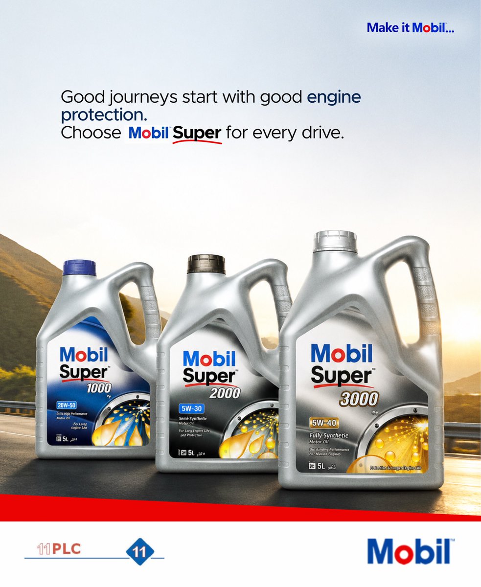11PLC's tweet photo. Every great journey deserves exceptional performance from the very first turn of the key.
Keep your engine performing at its best with the premium synthetic technology of Mobil 1.
Visit your nearest Mobil service station today.
#Mobil1 #EnginePerformance #PerformanceDriven https://t.co/qUg2kaRfiy