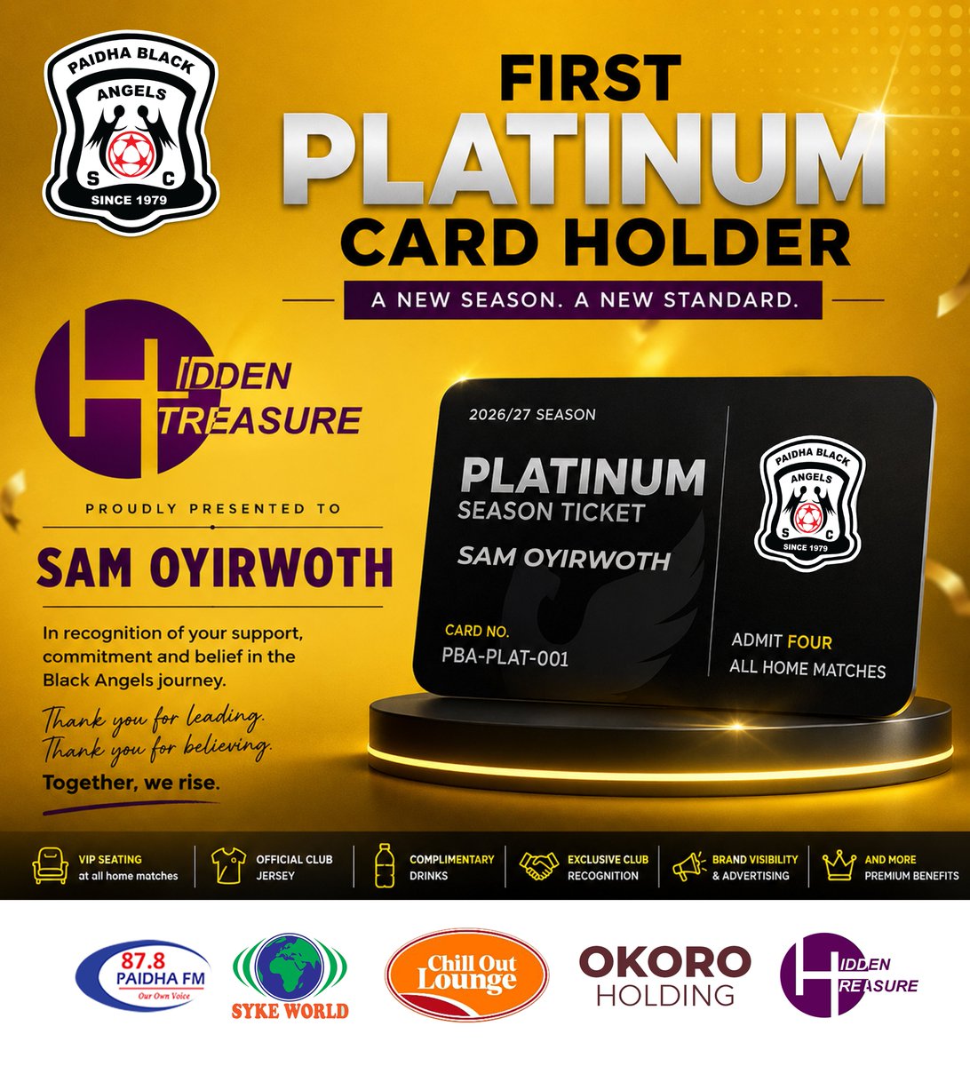 Paidha1979's tweet photo. Our first Platinum Card Holder is locked in! 🔒
Huge thanks to Mr. @OyirwothS  of Hidden Treasure for leading the way for the 2026/27 season.

Catch him and 3 guests in the reserved VIP section at Bar-Okoro Stadium! 💙🖤

Get yours today!