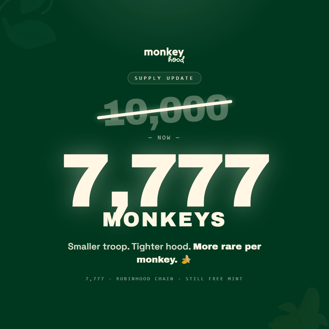 MonkeyHoodNFT's tweet photo. massive demand hits.

game theory says: raise the price. or raise the supply.

but you already know we don't move conventional. 🐒

GUI was 777b.
Aptos Monkeys was 7,777.
MonkeyHood is 7,777.

the 7s never lied.

new supply. new branding. same hood. we're just getting started. 🍌

To celebrate — 10 WL spots up for grabs 🎁

1️⃣ Follow @MonkeyHoodNFT 
2️⃣ Join our Discord (link in bio) 
3️⃣ Tag 2 friends + drop BANANA 🍌 in the replies

24 hours. winners picked from replies. 🐒