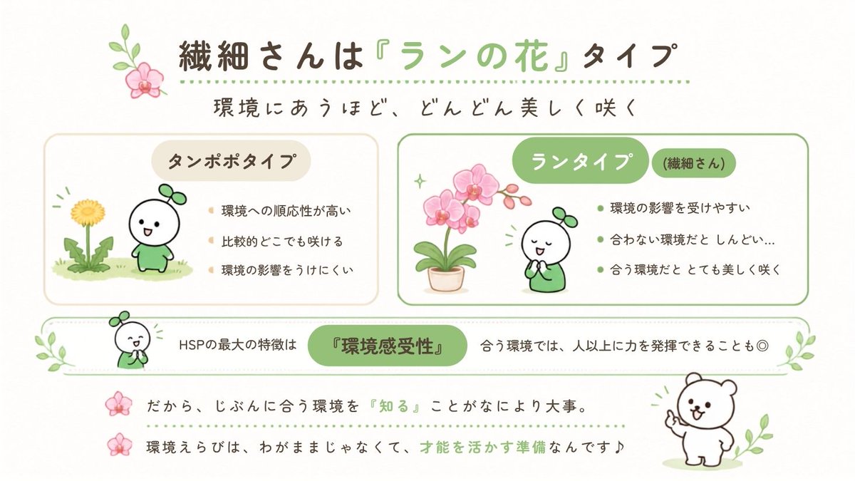 rasiicu_'s tweet photo. 繊細さんは、ランの花にたとえられます。

環境の影響を受けやすいぶん、
合わない場所では しんどくなりやすい。
でも、環境にあうほど、どんどん美しく咲く🪷

だからなにより「自分を知ってあげること」が大事だよね。

あなたがチカラをのびのび発揮できるのは、どんな場所ですか〜？🌱 https://t.co/E25jE6Uodd