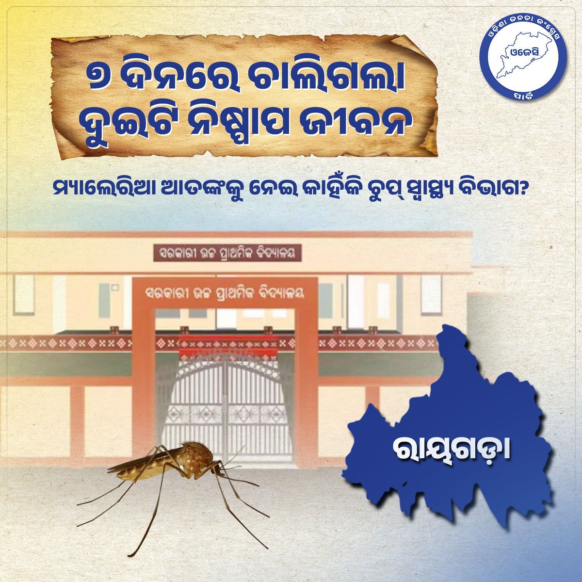 ojcp_official's tweet photo. ରାୟଗଡ଼ା ଜିଲ୍ଲାରେ ମ୍ୟାଲେରିଆର କରାଳ ରୂପ ଯୋଗୁଁ ଆଜି ପୁଣି ଜଣେ କୋମଳମତି ଛାତ୍ରଙ୍କ ଜୀବନ ଚାଲିଯାଇଛି। ଚତୁର୍ଥ ଶ୍ରେଣୀର ଛାତ୍ର ଜୟସେନ  ମ୍ୟାଲେରିଆରେ ଆକ୍ରାନ୍ତ ହୋଇ ବ୍ରହ୍ମପୁର ଏମକେସିଜି ମେଡିକାଲରେ ଚିକିତ୍ସାଧୀନ ଅବସ୍ଥାରେ ଆଖି ବୁଜିଛନ୍ତି। କେବଳ ୭ ଦିନ ମଧ୍ୟରେ ଦୁ�� ଦୁଇ ଜଣ ଛାତ୍ରଙ୍କ ମୃତ୍ୟୁ! https://t.co/GWxbrsikpY