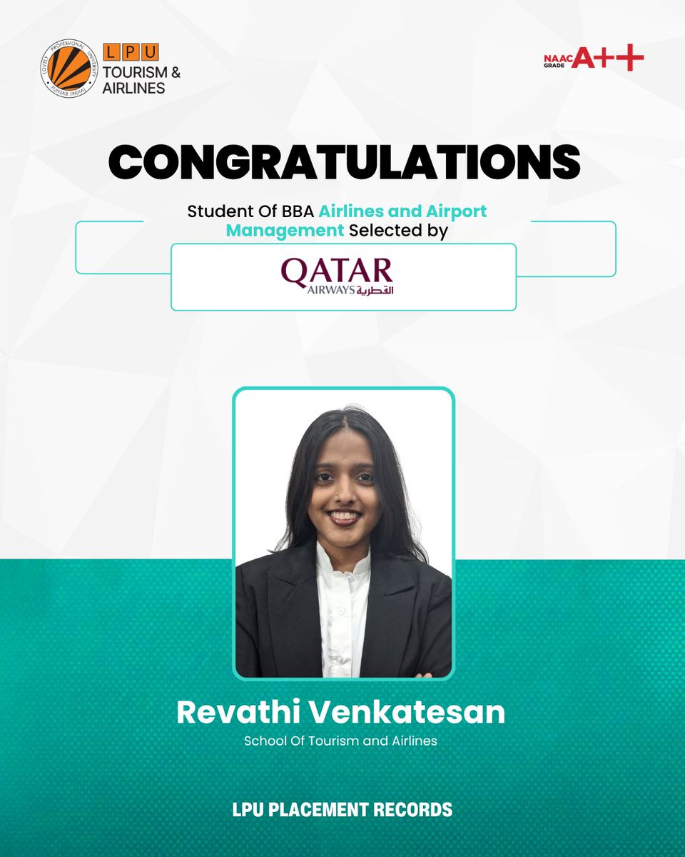 LPUTourism's tweet photo. ✈️ BIG WIN!
Revathi Venkatesan, BBA Airlines &amp; Airport Management student @ LPU, selected by @qatarairways! 🎉
From campus to clouds — this is what world-class placements look like. 🌍
#LPU #QatarAirways #PlacementSuccess #AviationCareers https://t.co/iPDpay9HT4