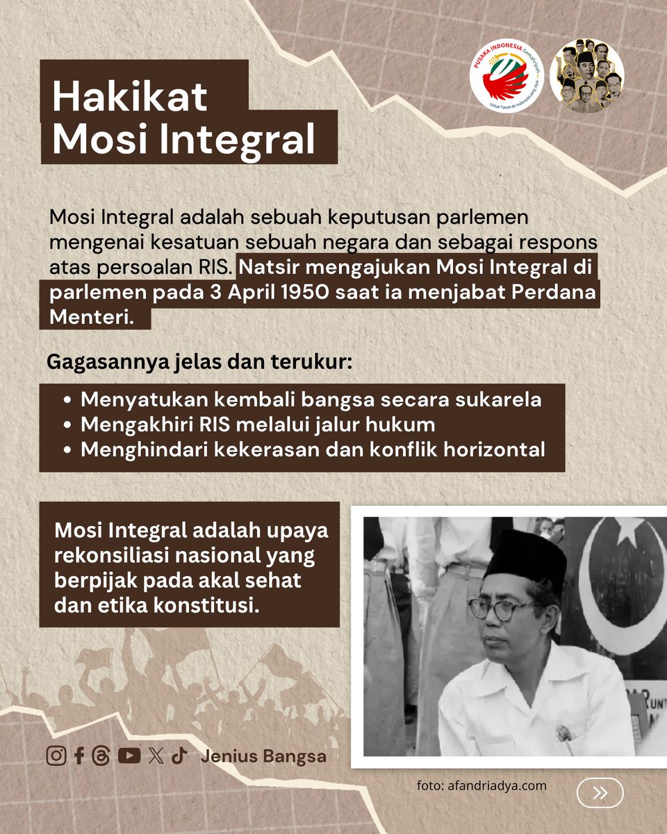 JeniusBangsa's tweet photo. Melalui Mosi Integral 1950, ia berkontribusi penting menjaga keutuhan Indonesia.  Swipe ➡️ untuk belajar dar teladan M. Natsir.

#PusakaIndonesia
#MuhammadNatsir #SejarahBangsa #Nasionalisme https://t.co/5qpdsfob3U