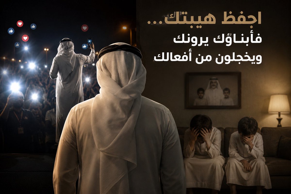 AWADFRHAN's tweet photo. احفظ هيبتك... فأبناؤك يرونك ويخجلون من أفعالك
🙏🙏🙏
جميل أن يحظى الإنسان بالتقدير، وأن يُكرَّم، وأن يحضر المناسبات والفعاليات، فذلك يليق بمن صنع لنفسه مكانةً واحترامًا بين الناس.
لكن من المؤسف أن نرى في الآونة الأخيرة مظاهر وسلوكيات لا تليق بعاداتنا وتقاليدنا وقيم مجتمعنا، حتى أصبح البعض يلهث خلف "الشو" وجذب الأنظار بأي وسيلة، ولو كان الثمن فقدان الوقار والهيبة.
والأكثر أسفًا أن أشخاصًا كنا نعدهم قامات وقدوات في المجتمع، ظهروا بتصرفات أقرب إلى المراهقة منها إلى الرزانة، فبدل أن يكونوا نموذجًا يُحتذى، أصبحوا مادةً للتعليق والسخرية.
قد لا يهمك ما يُقال عنك، لكن تذكّر أن وراءك أبناءً يحملون اسمك، وأسرةً تعتز بك، وقبيلةً ومجتمعًا تنتسب إليهما. وما تفعله لا يمثلك وحدك، بل ينعكس على كل من يرتبط بك.
الشهرة الحقيقية لا تُصنع بالاستعراض، والاحترام لا يُنال بإثارة الجدل، وإنما يُبنى بالمواقف، والأخلاق، والاتزان. فالوقار زينة الرجال، والهيبة تُكتسب بحسن التصرف، أما التصنع والخروج عن المألوف والمديح المقزز فلا يضيف إلى صاحبه مكانة، بل قد ينتقص من رصيده الذي بناه عبر سنوات طويلة.