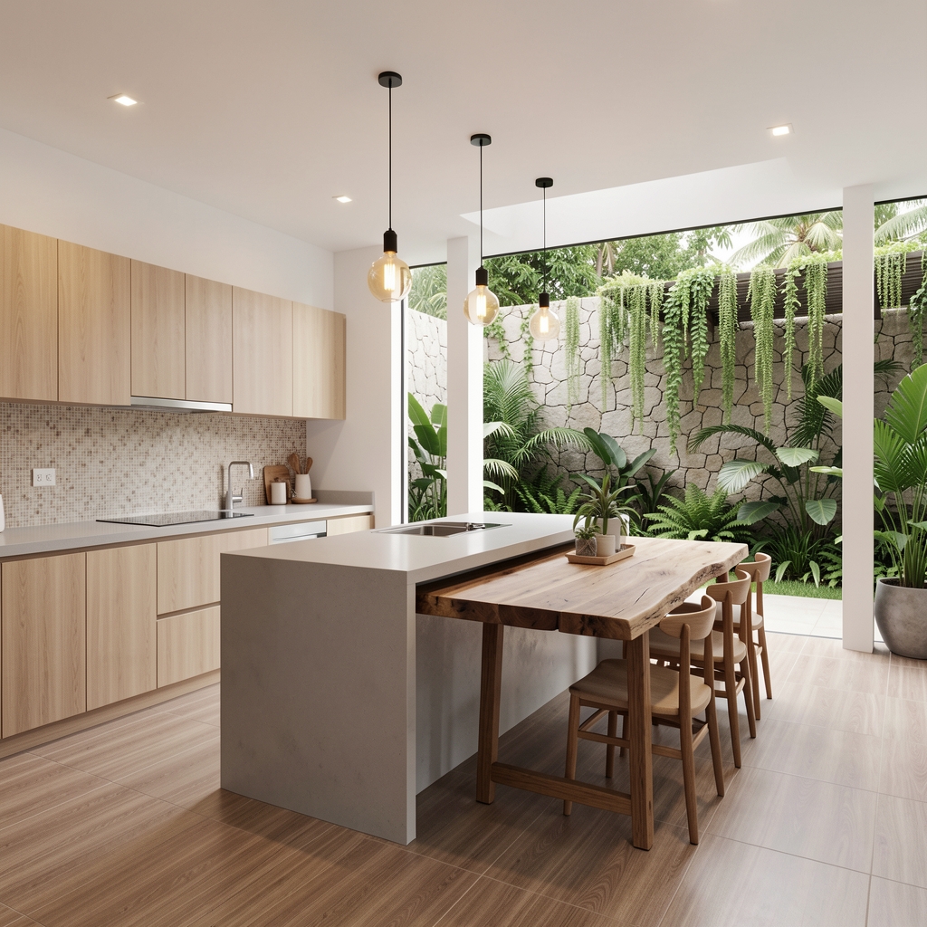 AtelierNusa's tweet photo. View ke kebun hijau ini langsung bikin suasana beda. Dapur bukan lagi cuma tempat masak, tapi ruang yang nyatu sama alam. Live-edge table-nya? Pas banget buat nongkrong santai. Bikin rumah kerasa healing.

#AtelierNusa #LombokLiving #IndoorOutdoor #KitchenDesign #NaturalMode... https://t.co/loh7LdyRC4