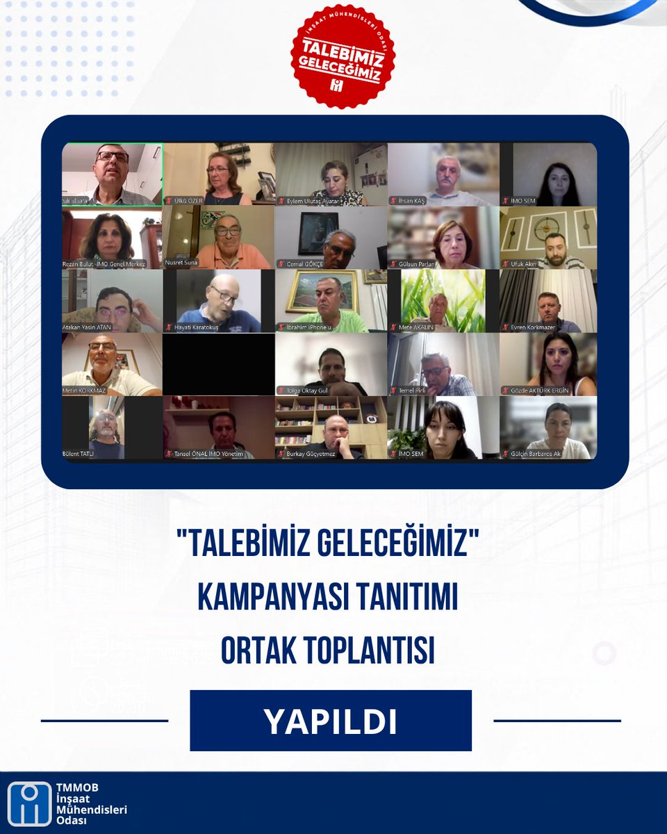 imomerkez's tweet photo. 🔷"Talebimiz Geleceğimiz" Kampanyası Tanıtımı Ortak Toplantısı Yapıldı
📍"Talebimiz Geleceğimiz" Kampanyasının tanıtımına yönelik olarak, Oda Yönetim Kurulu ile Oda Denetleme Kurulu, Onur Kurulu ve Seçilmiş Danışma Kurulu üyeleri, eski Oda Başkanları, eski Oda Genel Sekreterleri, genç-İMO Temsilcileri ve TMMOB Yönetim, Onur ve Denetleme Kurullarında görev yapan Oda temsilcilerinin katılımıyla düzenlenen ortak toplantı, 13 Temmuz 2026 tarihinde çevrimiçi olarak gerçekleştirildi.
🔗Haberin devamı 👇
https://t.co/HbWZe30E0z