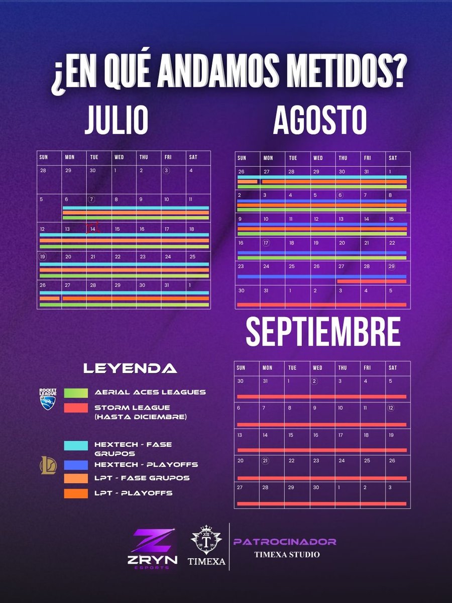 ZRYNesports's tweet photo. ¡ACTUALIZAMOS NUESTRO SPLIT DE VERANO!

Este verano está movi-ditto. ¡Nos vemos tanto en la Grieta como en el campo de RL! 

🏆 #AerialAcesLeague
🏆 #LPT
🏆 #HextechSeries
🏆 #StormLeague
🟣 #WeAreZRYN https://t.co/EF6ToiJDq4