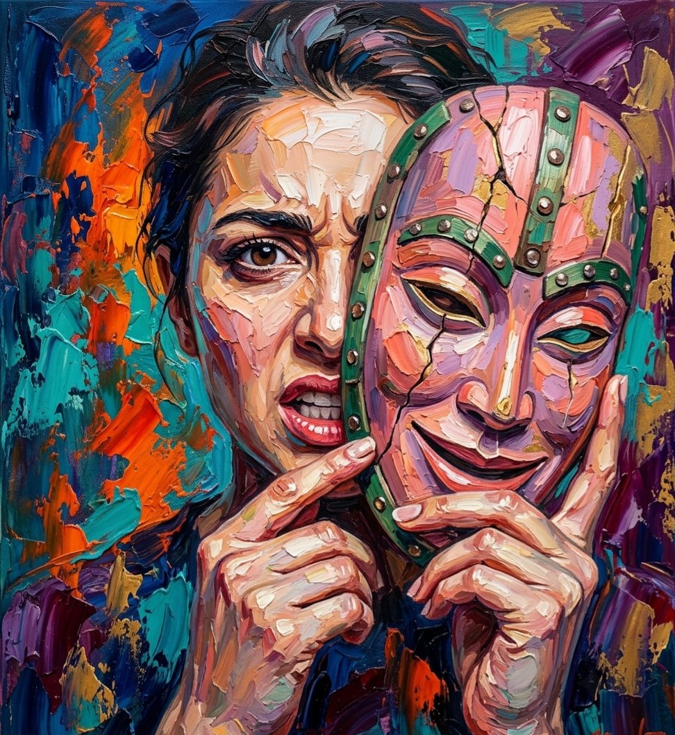 isl3li's tweet photo. Prompt 🖼⤵️

A powerful impasto oil painting with extremely thick textured brushstrokes and visible palette knife work, dramatic and expressive style, an androgynous person with intense facial expression, furrowed brows, wide eyes, mouth slightly open showing teeth, emotional and raw energy, holding a cracked green wooden tribal mask with metal rivets and bolts, the mask has a strong smiling / grinning expression with curved smiling mouth and mischievous eyes, holding the smiling mask close to their face with both hands, one finger touching the mask, half the face covered by the smiling mask, dynamic composition, vibrant expressive color palette, rich impasto texture, bold visible brush marks, high contrast dramatic lighting, cinematic atmosphere, abstract expressive background with changing colors (deep blues and reds / fiery oranges and teals / purple and gold variations), masterpiece, best quality, highly detailed, emotional, artistic, 8k