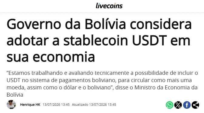 caueconomy's tweet photo. 40% do poder de compra do boliviano sumiu numa noite. O banco central não salvou ninguém.

Quem se protegeu já tinha migrado pro USDT antes da imprensa perceber. Combustível, concessionária, remessa, tudo rodando em dólar digital enquanto o governo ainda debatia se ia autorizar.

Agora o Ministério da Economia estuda reconhecer oficialmente o que a população já resolveu sozinha, sem pedir licença.

Esse padrão se repete em qualquer economia onde a moeda local perde credibilidade rápido. O mercado dolariza por conta própria, muito antes de qualquer lei permitir.

O split payment no Brasil não é o mesmo gatilho, aqui (AINDA) não tem colapso cambial. Mas tira o fôlego de caixa que fazia o empresário tolerar segurar real por mais tempo.

É nesse cenário onde poderemos ver um boom no uso de stablecoins no Brasil.