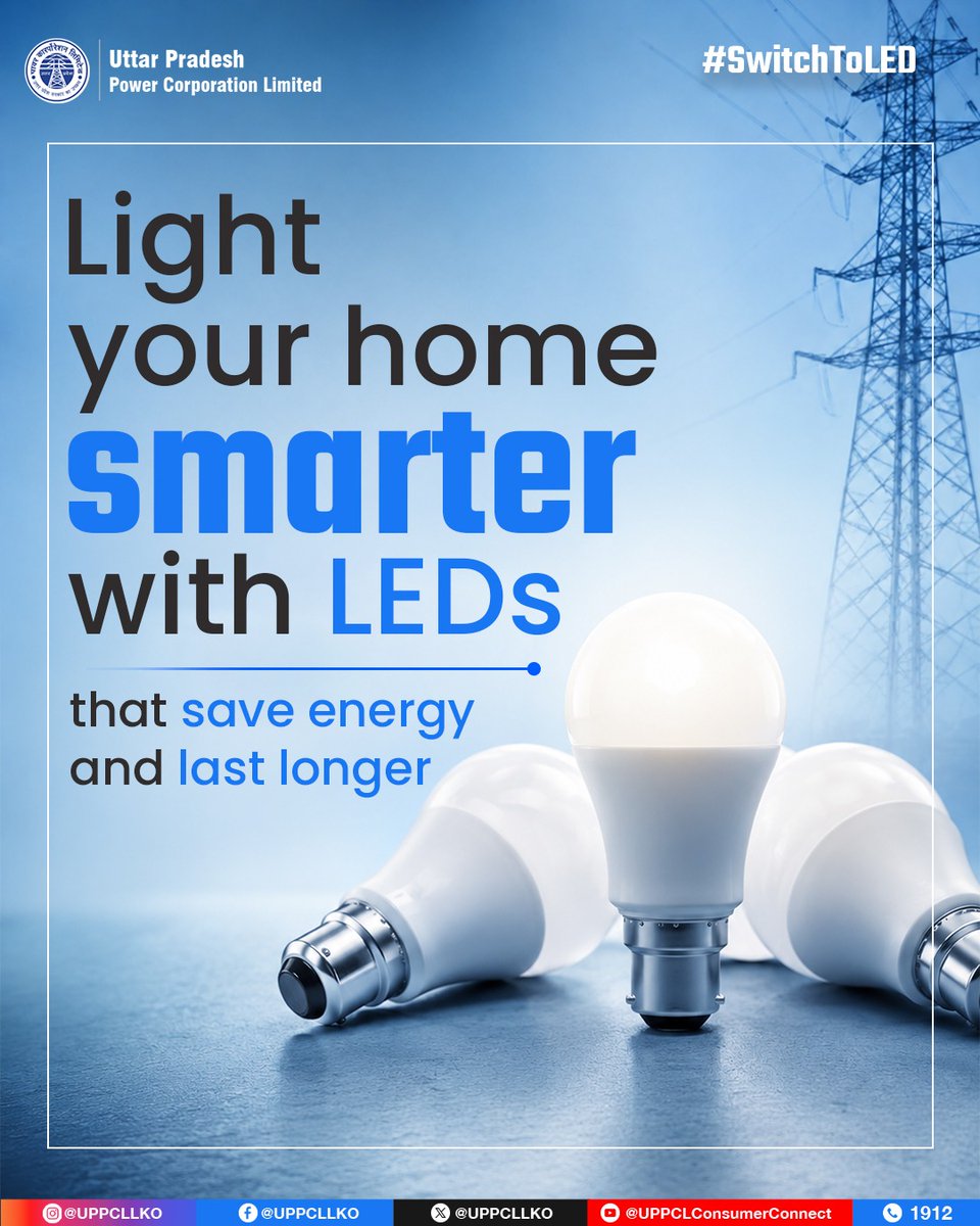 UPPCLLKO's tweet photo. Switch to LED lighting for brighter spaces while using less electricity. With lower energy consumption, reduced electricity bills and a longer lifespan, LEDs are a smart investment for your home and a greener future.
#UPPCL #SwitchToLED #SaveEnergy #EnergyEfficiency #SmartLiving
@CMOfficeUP
@EMofficeUP
@aksharmaBharat
@mduppcl