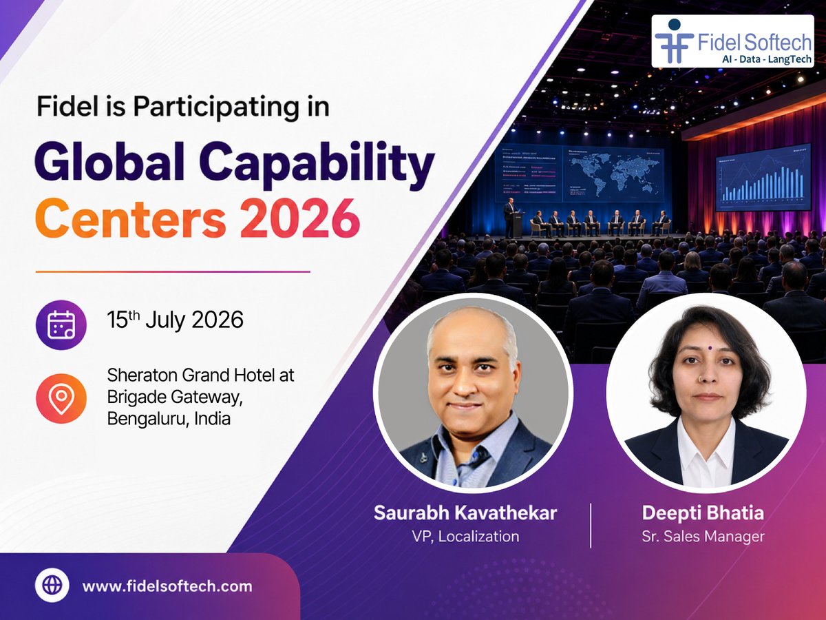 Fidel_Softech's tweet photo. Fidel is participating in the Global Capability Centers 2026 on 15th, July 2026, at the Sheraton Grand Hotel, Bengaluru, India.

Meet our team at the event: Saurabh Kavaathekar, Vice President – Localization Engineering and Deepti Bhatia, Sr. Sales Manager.

#GCC2026 https://t.co/sgz1kJx0G6