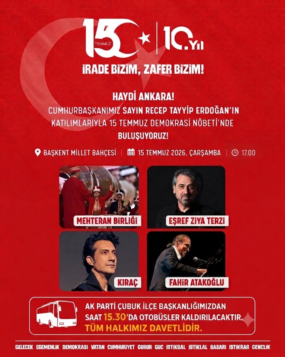 akparticubuk's tweet photo. #15Temmuz Demokrasi ve Milli Birlik Gününün 10. Yılında Cumhurbaşkanımız, Sn.@RTErdogan 'ın Teşrifleriyle 15 Temmuz Çarşamba günü ,Başkent Millet Bahçesinde Demokrasi Nöbetinde Buluşmaya Davet Ediyorum. Otobüslerimiz saat 15:30' da  Teşkilatımızın önünden hareket edecektir. https://t.co/mmN5X5Pnt5
