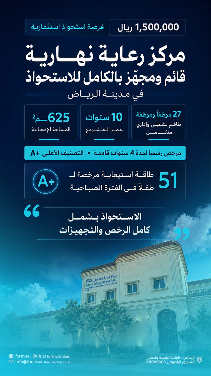 forshwtmken's tweet photo. فرصة استحواذ استثمارية بمدينة الرياض 📍

مركز رعاية نهارية قائم ومجهّز بالكامل، مرخص رسمياً من وزارة الموارد البشرية والتنمية الاجتماعية بترخيص طويل الأجل، وحاصل على التصنيف الأعلى (A+)

تبلغ المساحة الإجمالية للمبنى 625م²، وطاقة استيعابية مرخصة لـ 51 طفلاً في الفترة الصباحية