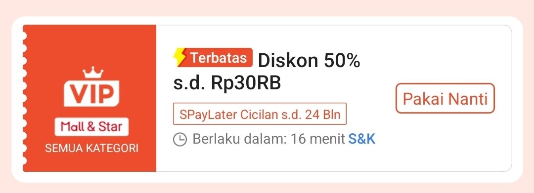 RacunBelanja's tweet photo. Voucher yang paling oke nih ⬇️

Voucher Diskon 50%
Maksimal Rp30.000
Tanpa minimal pembelian 
⏰ Jam 00:00
📌 Khusus ShopeeVIP
📌 Pembayaran SPayLater 
📌 Gak bisa pakai ShopeeLite ya

Klaim dulu dari sekarang:
https://t.co/ZqeriI9gXx https://t.co/4n4on1rirn