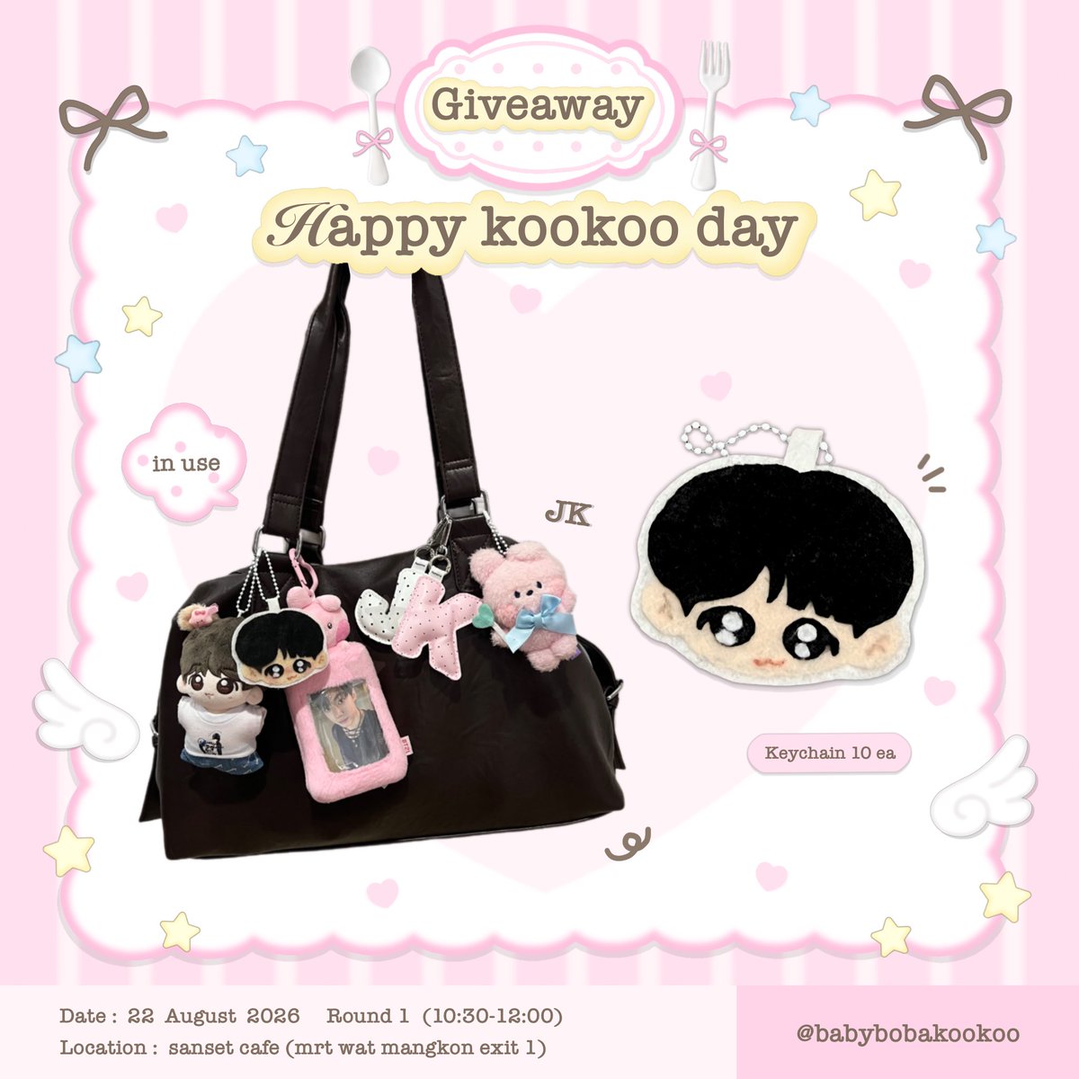 babybobakookoo's tweet photo. :¨ ·.· ¨:
`· . 𐙚 pls kindly rt🖇️
♡ Giveaway Jungkook Birthday ♡
🐰Kookoo Keychain 10 eaᯓ★
Date : 22 August 2026 (Round 1)
📍 @sansetcafe_ (MRT Wat Mangkon Exit 1)
@uarmygoldenboy
#youaremygoldenboy
#Jungkook #HappyJungkookDay
#HappyJKDay #happybirthdayjungkook
#gavbabybobajk