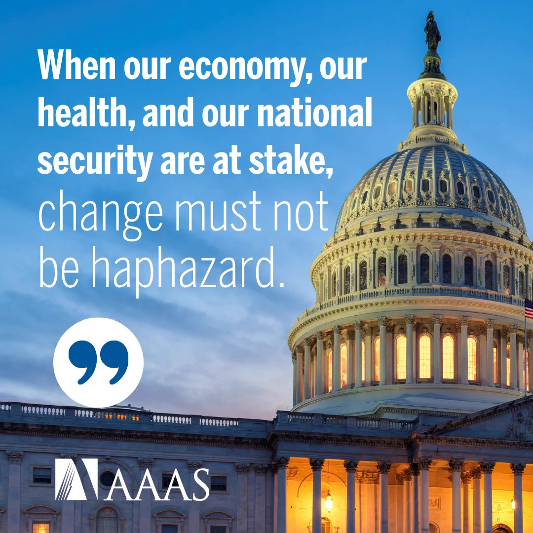 The image features the U.S. Capitol building at sunset with an overlay of a quote emphasizing careful change for the economy, health, and national security. The AAAS logo is present.