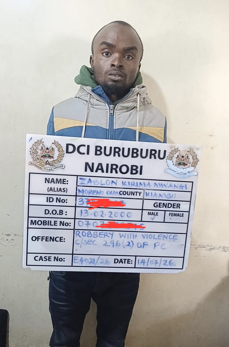 DCI_Kenya's tweet photo. 𝗠𝗖𝗔 𝗔𝗡𝗗 𝗧𝗪𝗢 𝗢𝗧𝗛𝗘𝗥𝗦 𝗙𝗔𝗖𝗘 𝗥𝗢𝗕𝗕𝗘𝗥𝗬 𝗪𝗜𝗧𝗛 𝗩𝗜𝗢𝗟𝗘𝗡𝗖𝗘 𝗖𝗛𝗔𝗥𝗚𝗘𝗦

Three suspects, among them a sitting Member of County Assembly (MCA), have been arraigned before the Makadara Law Courts to answer to charges of Robbery with Violence.

The accused, Hon. Aaron Kang’ara Wangari, the MCA for Viwandani Ward of Makadara Constituency in Nairobi County, together with his alleged accomplices, Kefa Munyoro and Zablon Kirima Mwangi, were arrested following investigations into a violent robbery that occurred in Donholm on June 26, 2026.

Investigations established that the three allegedly attacked and violently robbed three victims of cash and other valuables before fleeing the scene.

The three suspects were arraigned before the Makadara Law Courts today, where they pleaded not guilty to the charges. 

They were each granted a bond of Sh1 million or an alternative cash bail of Sh500,000, pending the hearing and determination of the case.

#FichuaKwaDCI. Call 0800 722 203 (Toll-free) or WhatsApp at 0709 570 000 to report anonymously. Usiogope!