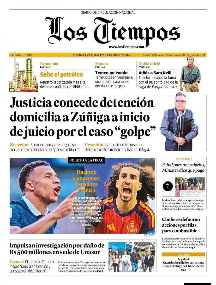 medio_diario's tweet photo. Buen día.
Le invitamos a revisar las #portadas de los #periódicos de hoy, 14 de julio de 2026.
@LaRazon_Bolivia
@LosTiemposBol
#ContraParte #ElPeriódico https://t.co/Hbtln1Ktgn