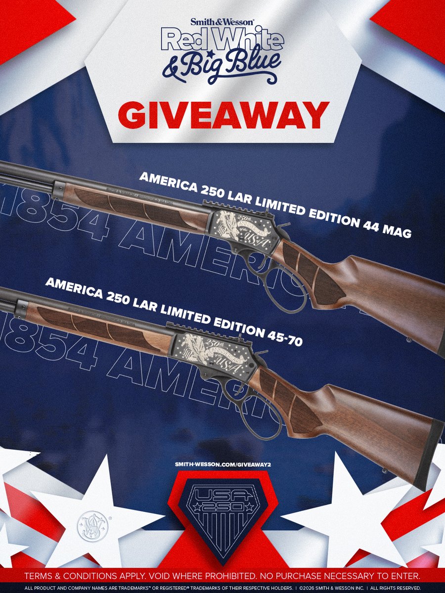 Smith_WessonInc's tweet photo. The limited-edition America 250 Model 1854 Giveaway is LIVE 🚨

We're giving away TWO limited-edition America 250 Model 1854 rifles: one in .44 Magnum and one in .45-70 Gov't! 

Enter now: https://t.co/EsXdg5RlfC
T&amp;Cs apply. No purchase necessary https://t.co/HDaNyyt6ZE