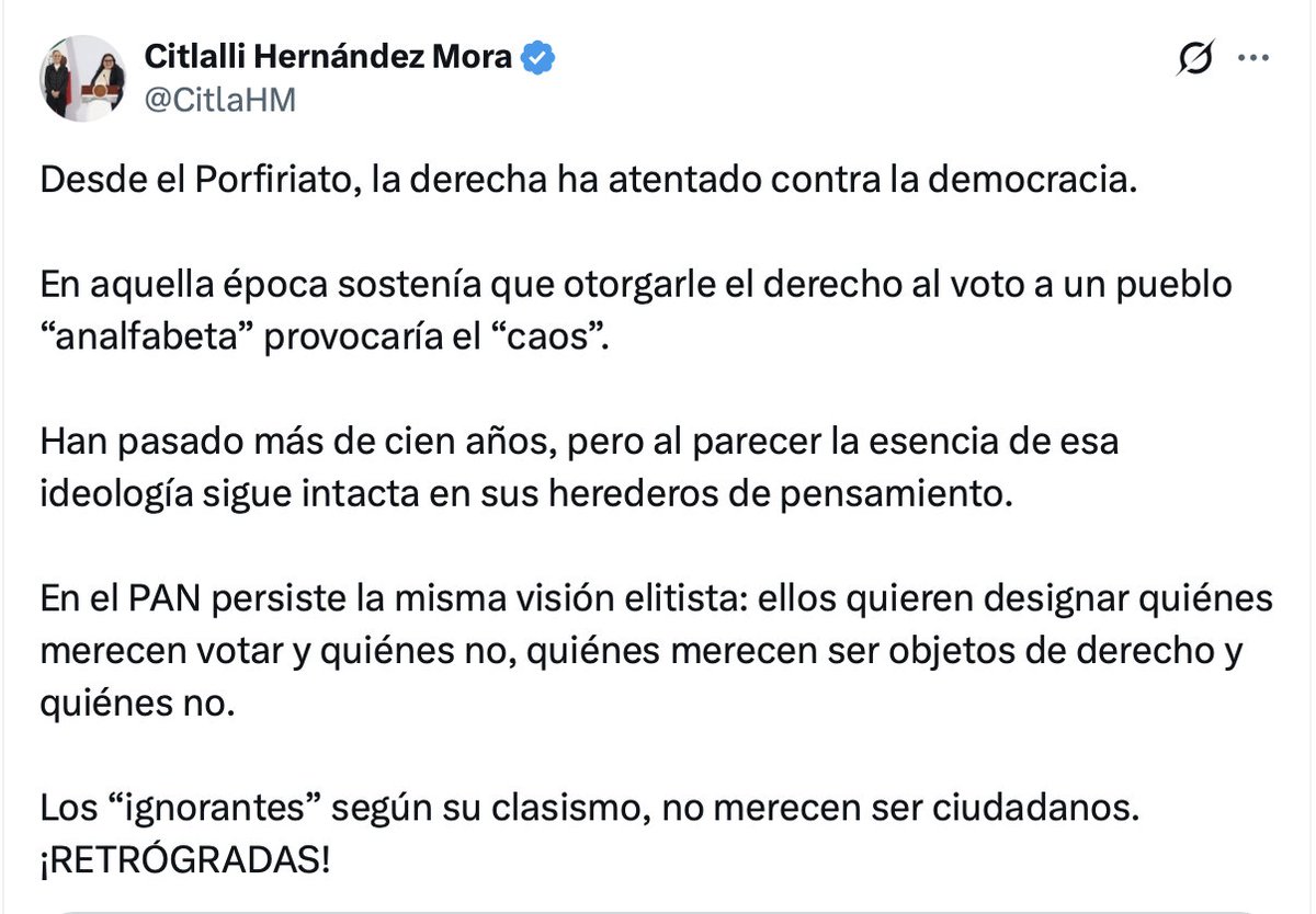 CarlosTorresF_'s tweet photo. Les traigo una joya más de la incongruencia de @CitlaHM.

La señora que le gusta escupir al cielo, una vez más le cayó todo su veneno en la cara.

Critica que los votantes no tengan el mismo valor para la 'derecha' pero cuando impusieron a Sheinbaum se aventó unas maromas de circo para justificar que los votos de la sierra de Guerrero no valen lo mismo que los votos de las Lomas.

Debe ser difícil enfrentarte a ti mismo.