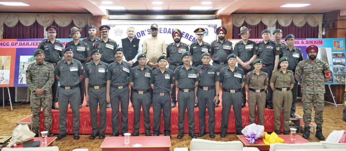 HQ_DG_NCC's tweet photo. Shri Om Prakash Mathur, the Hon’ble Governor of Sikkim, awarded the Governor’s Medal to 43 meritorious cadets from 1, 3 & 4 Sikkim Bn NCC, who excelled in various training activities during Training Year 2025–26, at Lok Bhawan, Gangtok.

The Hon’ble Governor was presented with an impressive Guard of Honour by smartly turned-out NCC cadets.

The Award Ceremony was attended by Shri Raju Basnet, Hon’ble Education Minister, Maj Gen APS Chahal, ADG NCC WB & Sikkim Dte, Brig Vivek Malik, Group Cdr Darjeeling & Sikkim Group, COs of all three Sikkim Bn NCC, officials of the Education Department, Govt of Sikkim, Principals of several educational institutions, ANOs, CTOs and proud parents of the award-winning cadets.

The Hon’ble Governor motivated the NCC cadets to excel in their careers and contribute towards nation building and national integration. #NCCIndia #Awards #UnityandDiscipline #Sikkim @rajnathsingh @GovernorSikkim @adgpi @IAF_MCC @indiannavy @PIBGangtok @PIBKolkata