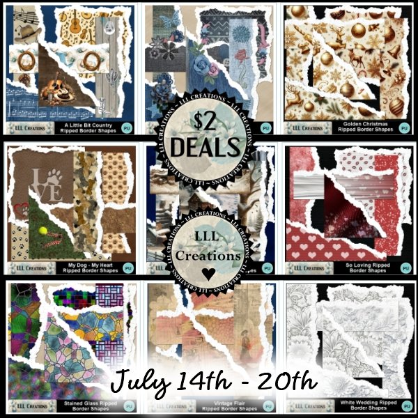 LLLCreations's tweet photo. $2 Deal ...
This week pick up any of my 'Ripped Border Shapes' sets for only $2.
Valid until July 20th.  See them all here:  https://t.co/gAmPY9Gg1Y

#scrapbooking #scrapbook #digitalscrapbooking #digiscrap #scrapkits #LLLCreations #2DollarDeal #2DollarTuesday https://t.co/gEWlXQyJi6