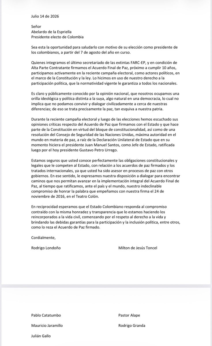JGalloSenador's tweet photo. Junto a quienes firmamos el Acuerdo Final de Paz dirigimos esta comunicación al presidente electo, @AbelardoDelaEspr, reiterando nuestra disposición al diálogo y nuestro compromiso inquebrantable con la paz. Esperamos que el Estado honre la palabra empeñada y avance en la implementación integral del Acuerdo, con garantías para la vida, la participación política y la reconciliación de Colombia.