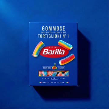 PaulOlu_'s tweet photo. Pasta, but make it candy. This #AprilFool's concept swaps Barilla's spaghetti and tortiglioni for #gummy versions in matching sour-mix colorways. https://t.co/G61k9OqCzr