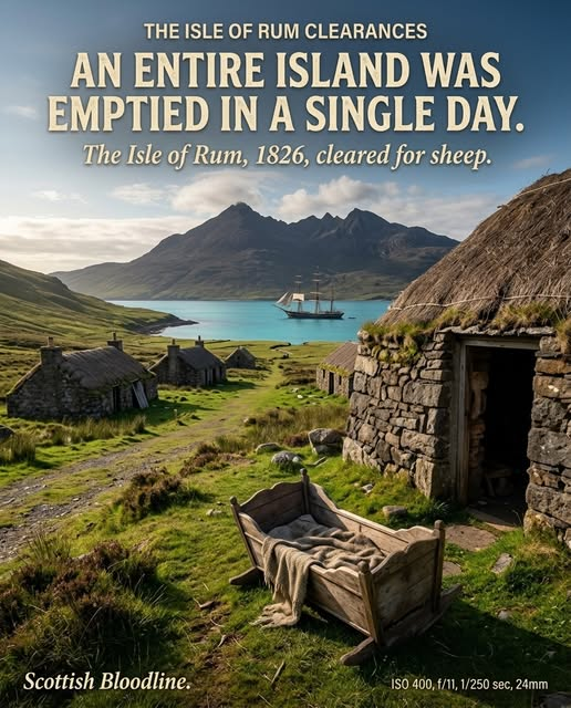 SovereignBain's tweet photo. They did not clear a village on the Isle of Rum. They cleared the island. All of it. In one go.
In 1826 almost the entire population of Rum, around three hundred people, was put on ships and sent to Nova Scotia. Not moved to the coast. Not resettled on poorer ground. Removed. The island was emptied of the people who had lived on it for generations, and it was restocked with eight thousand sheep.
A man who watched them go wrote that the wailing from the shore was so loud it could be heard over the sound of the sea, and that the dogs the families had been forced to leave behind swam out after the boats until they drowned.
Think about what an island is. It is not just a place people happen to live. It is a closed world with its own graveyard, its own names for every rock and pool and hollow, its own way of speaking, its own memory. When you empty an island you do not just displace families. You end a world. Every place name that only those people knew, every song only they sang, every story that only made sense if you were standing in the right glen, gone in a single summer. 
And the descendants of those three hundred are scattered across Canada and beyond right now, many of them with no idea that their family once belonged to a specific green strath under a volcanic ridge in the Inner Hebrides, a place they could walk today and not recognise.
Rum is beautiful now. Empty and wild and protected. Tourists photograph it and call it unspoiled.
It is not unspoiled. It is bereaved.
The Scottish Bloodline🏴󠁧󠁢󠁳󠁣󠁴󠁿🩸 you can follow them on facebook,  follow, like repost.