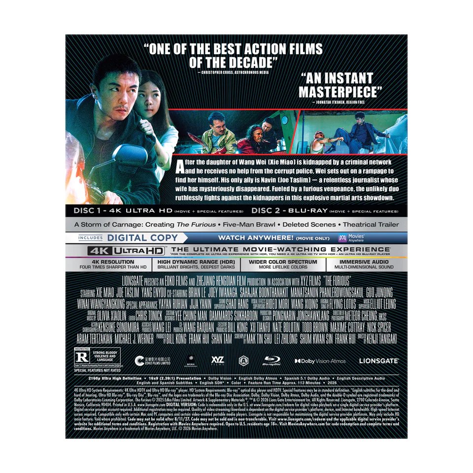 thehdroom's tweet photo. The Furious - Collector's Edition 4K UHD + Blu-ray + Digital arrives August 11th and is up for pre-order at Lionsgate Limited: 
https://t.co/9XJhXfKj5h

Collector’s booklet with an original essay
Artwork by Khang Giate and Vincent Aseo

Special Features:
• A Storm of Carnage: Creating The Furious
• Five-Man Brawl
• Deleted Scenes
• Theatrical Trailer

Number of Discs: 2 (1 4K, 1 Blu-ray)

Rating: R for Strong Bloody Violence and Language

Screen Format: Widescreen (2.39:1) in Dolby Vision

Subtitles: English, Spanish, English SDH

Audio: English Dolby Atmos, Spanish 5.1 Dolby Audio, English Descriptive Audio

Run Time: 113 Mins.

Color/B&W: Color

Disc Size: 100GB