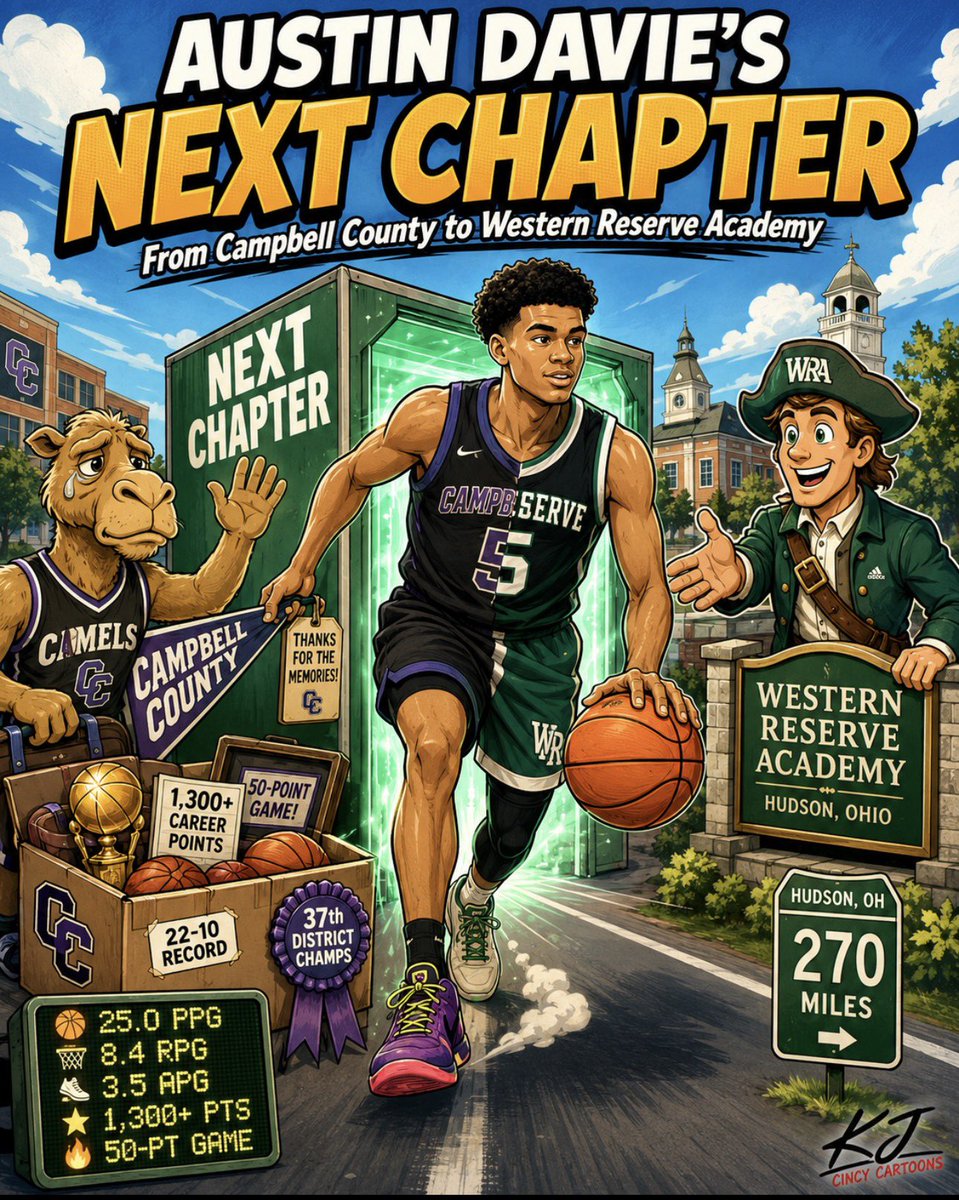 cincybuffs's tweet photo. Austin Davie scored so often at Campbell County that even his “Next Chapter” came with a fast break. 🏀😂

The 25-point-per-game standout is trading Camel Country for Western Reserve Academy — and apparently his 50-point game, 1,300 career points and several boxes of basketballs are coming with him.

Click the link to view the accompanying article… https://t.co/miBbfgRuoA

#CincyCartoons #AustinDavie #CampbellCounty #WRAHoops #HighSchoolBasketball

@AustinDavie05 @CamelBasketball @WRA_Hoops @WRApioneers @ENQSports @JWeberSports