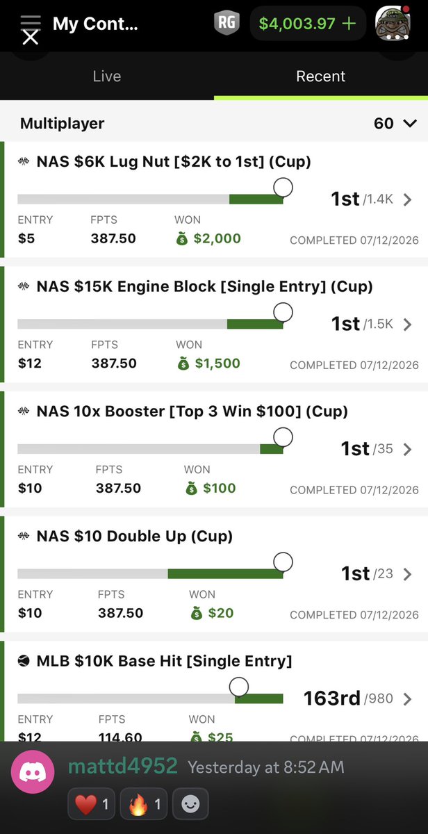 DFSArmy's tweet photo. We aren’t a one trick pony.
We also crush Tennis along with NASCAR.
Never know what you’ll find in our #WinningLineups room. https://t.co/c8ycHgpGJx