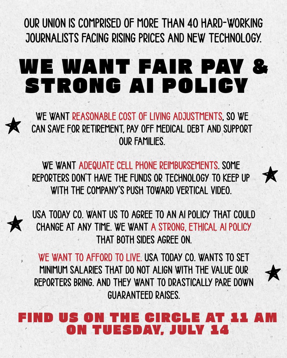 indynewsguild's tweet photo. Today the Indy News Guild lunched out together in our fight for a fair contract 🥪
Our contract expired in January. Since then, we’ve asked for strong pay minimums, an adequate AI policy and raises for our members. Together, we are united to get this contract done the right way. https://t.co/qqZYr9jVB6