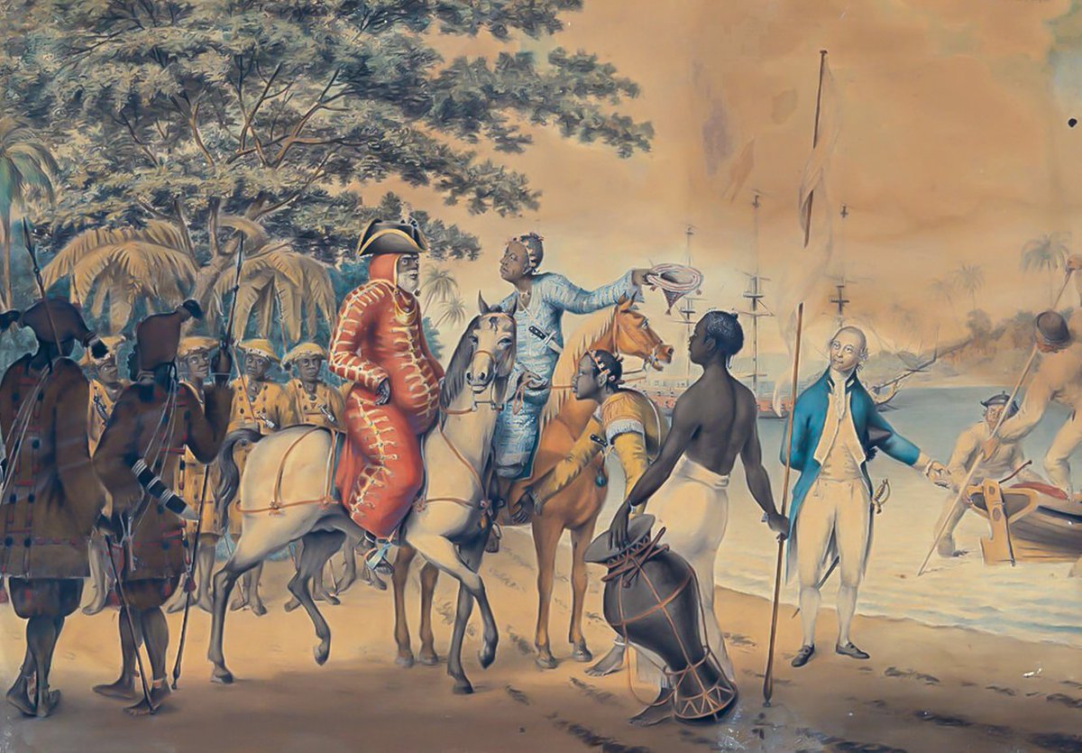 DiariesEmpire's tweet photo. When an African King visited a Royal Navy frigate
February 1775. Artist Gabriel Bray.

While HMS Pallas lay at anchor on the Gambian coast taking on water and firewood an unexpected visitor arrived. 
The King of Barra!

The frigate saluted the elderly monarch with eleven guns before inviting him onto the quarterdeck for a look around.

part 2 in an hour....
