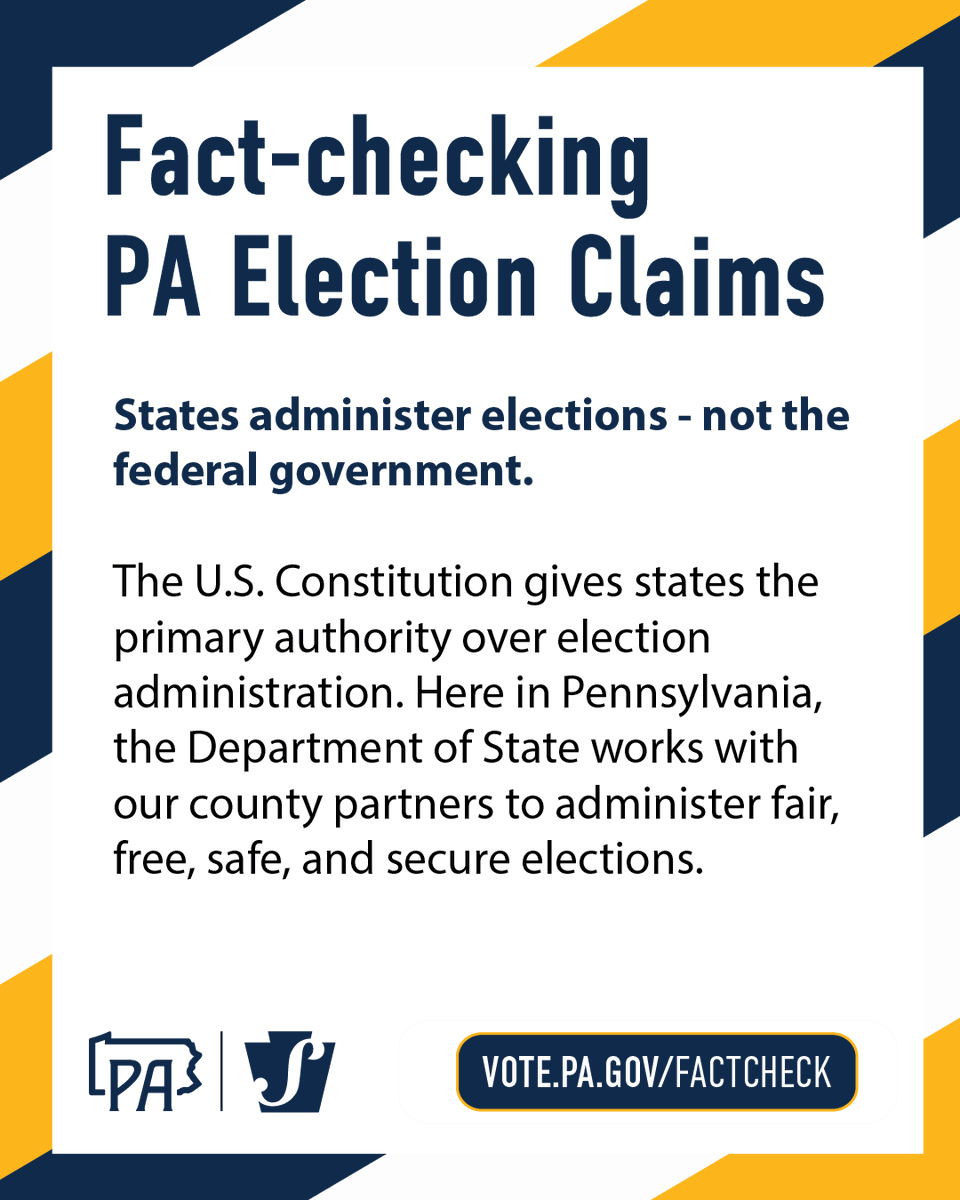 PAStateDept's tweet photo. The U.S. Constitution gives states the primary authority over election administration. Here in Pennsylvania, the Department of State works with our county partners to administer fair, free, safe, and secure elections. 

Learn more at https://t.co/sUEKojT8q8. https://t.co/etUpWFosbf