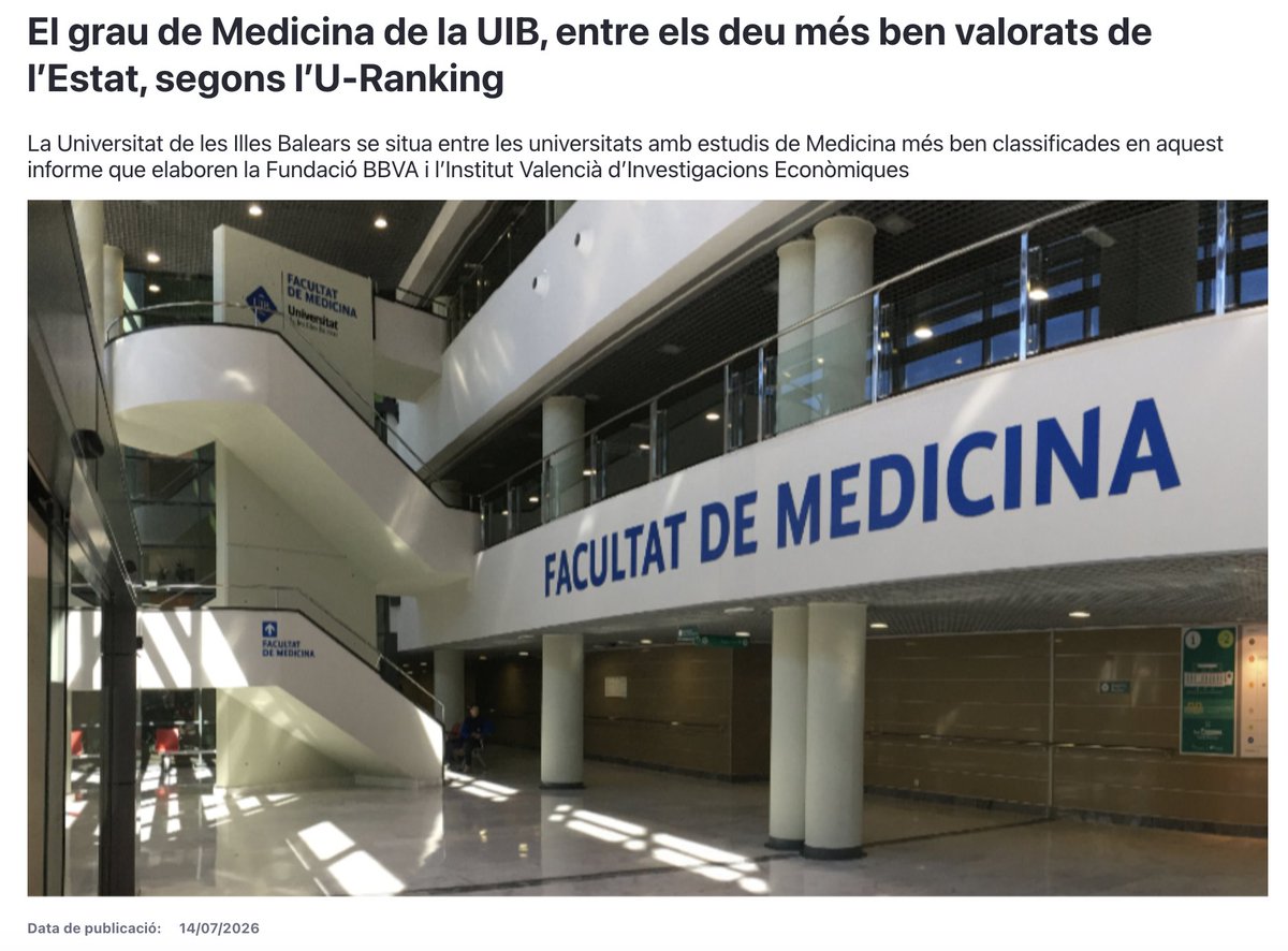 abennassar's tweet photo. — Record haver contribuït modestament a la creació de la Facultat de Medicina de la UIB, assistint, en el seu moment, a diverses reunions tècniques sobre el projecte.

— Record també la duríssima oposició, profundament colonialista, que hi exerciren dos partits que avui són extraparlamentaris: Ciudadanos i Podemos. Un dels arguments que empraven per oposar-s’hi era que seria una facultat «de províncies» i que no tindria prou «nivell».

— I vull reconèixer públicament la fermesa, el coratge i la determinació de dues dones valentes, Francina Armengol Socias i Marga Frontera, que varen plantar cara a aquella oposició i varen defensar fins al final la creació d’una Facultat de Medicina a les Illes Balears.

Costa imaginar les conseqüències que hauria tengut per a la nostra terra que no se n’haguessin sortit. Avui, la Facultat de Medicina de la UIB és també el resultat d’aquella decisió política valenta.