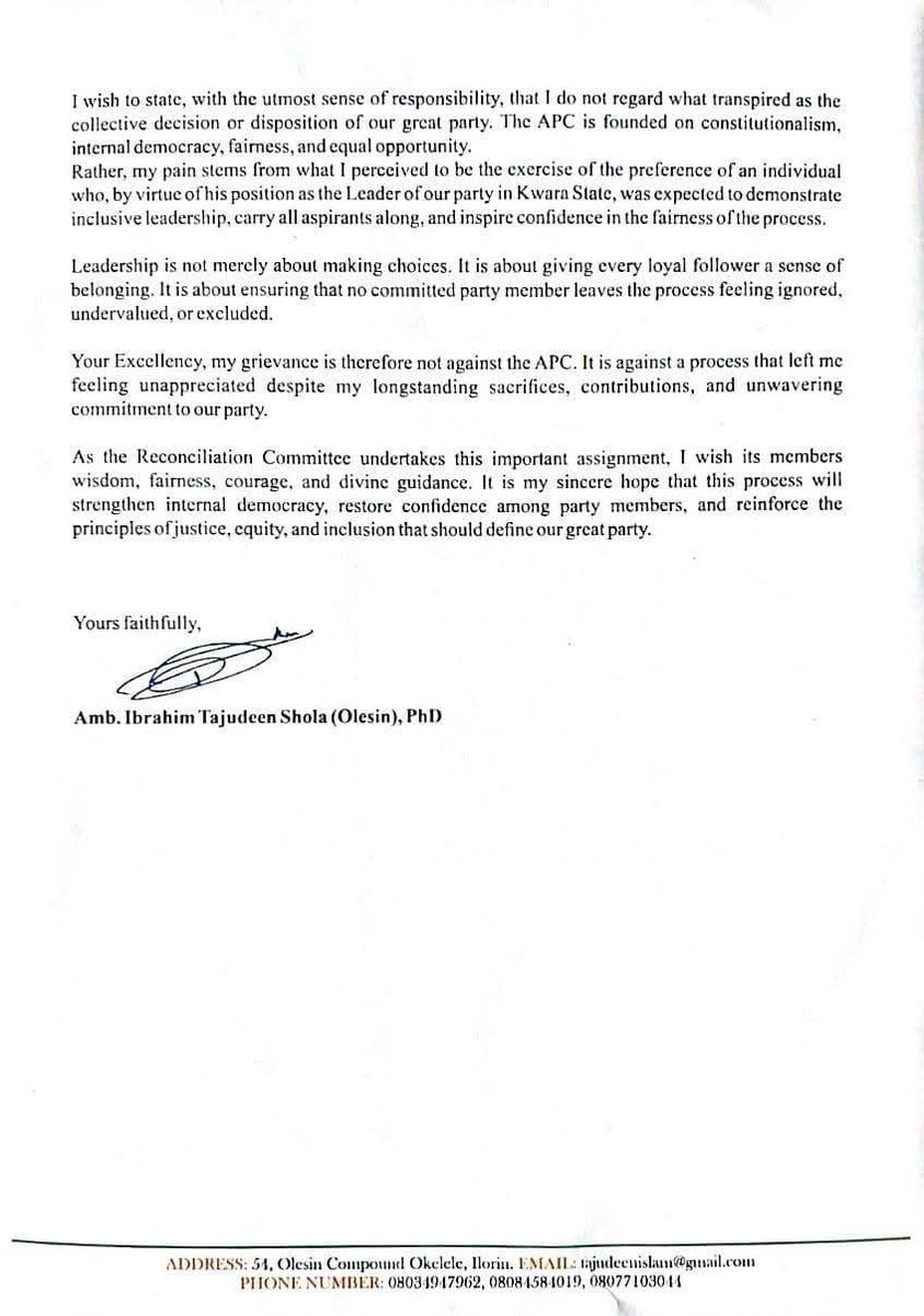 justeventsonlin's tweet photo. APC Aspirant , Tajudeen Olesin Raises Concerns Over Ilorin East/Ilorin South Reps Primary, Petitions Gov AbdulRazaq, Reconciliation Committee

A former aspirant for the Ilorin East/Ilorin South Federal Constituency seat under the All Progressives Congress (APC), Amb. Ibrahim Tajudeen Shola (Olesin), PhD, has formally petitioned Kwara State Governor and leader of the party, Mallam AbdulRahman AbdulRazaq, alleging irregularities in the conduct of the party's House of Representatives primary election.

In a letter dated July 13, 2026 and obtained by JUST  EVENT ONLINE TV, and addressed to the governor through the APC State Chairman and the Kwara State APC Reconciliation Committee, Olesin expressed disappointment over what he described as an unfair and non-transparent process that denied party members the opportunity to elect their preferred candidate.

The former aspirant said he entered the race in good faith after fulfilling all constitutional requirements, purchasing the party's nomination and expression of interest forms, and consulting extensively with stakeholders across Ilorin East and Ilorin South local government areas.

According to him, beyond the cost of obtaining the nomination forms, he invested substantial financial resources, time, and personal effort in mobilising support and engaging party members throughout the constituency.

Olesin also claimed that despite making repeated efforts to seek an audience with Governor AbdulRazaq throughout his campaign, he was neither granted a meeting nor received any response to his requests.

He alleged that on the day scheduled for the direct primary election, after party members had assembled and preparations for voting had been concluded, some political elders from Ilorin East invited him to a meeting where he was allegedly informed that the governor had preferred another aspirant for the ticket.

While acknowledging that political leaders have the right to support candidates of their choice, Olesin argued that such preferences should be pursued within the framework of the APC Constitution and established guidelines for conducting primary elections.

He maintained that any move towards consensus should have been initiated before the commencement of the primary election rather than after delegates and party members had gathered to vote.

The former aspirant further alleged that the direct primary election was eventually halted and that the governor's preferred aspirant was subsequently announced as the party's candidate without allowing party members to vote.

He, however, noted that as of the time of writing the petition, the National Working Committee (NWC) of the APC had yet to make an official announcement regarding the authentic candidate for the Ilorin East/Ilorin South House of Representatives ticket.

According to Olesin, his grievance is not with the APC as a political party but with what he described as a flawed process that undermined internal democracy and left him feeling ignored despite his longstanding contributions and loyalty to the party.

He stressed that his decision to remain silent publicly after the exercise was motivated by his commitment to preserving party unity and avoiding actions capable of causing further division within the APC.

The former aspirant called on the Kwara APC Reconciliation Committee to conduct its assignment with fairness, courage, and impartiality, expressing hope that the reconciliation process would restore confidence among party members and strengthen the principles of justice, equity, inclusion, and internal democracy within the party.