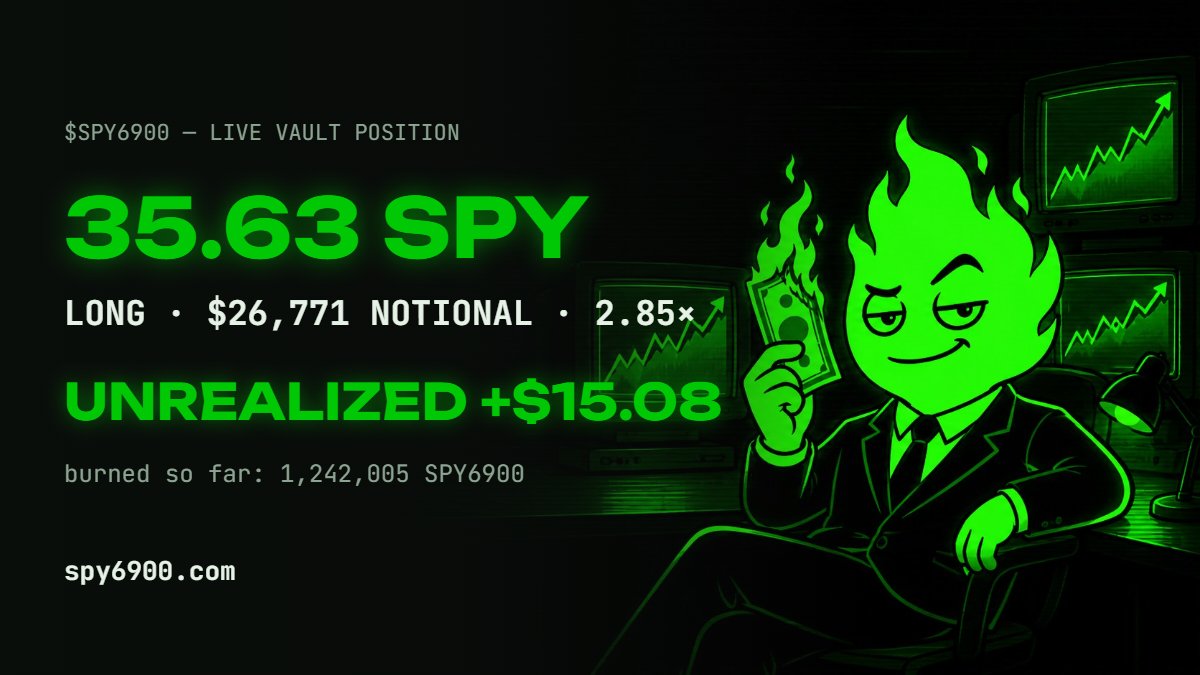 SPY6900_RH's tweet photo. We just added a new feature on the website that allows You to fetch the Vault Position in real time, as well as allows You to post about it on X with one click. 

Go to https://t.co/b9wXfhUELb and check it out yourself.

Example post
"""
The $SPY6900 vault is LONG 35.63 SPY (~$26,771) — unrealized +$15.08.

Funded by trade tax. Profits burn the supply.

https://t.co/b9wXfhUELb
"""