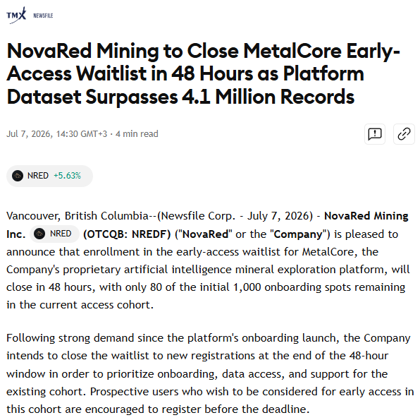 apljc92958416's tweet photo. For me, the $NRED thesis starts with one number: 15-17 years.  That is how long a new mine can take from discovery to production. 

The delay comes from geology, geophysics, drilling, permitting, environmental work, engineering and construction.  

NRED is attacking that timeline from several angles. MetalCore analyzes 4.1M+ geological records to rank exploration targets.   
EyeX adds AI-powered monitoring through cameras, drones and sensors. 

Wilmac provides a 16,078-hectare copper-gold project where this technology strategy has a real mining application.  

That is why I can see a hedge fund paying attention. $NRED offers exposure to copper, AI, computer vision and intelligent mining through one public company. https://t.co/RnUkjEEpkt 

Personal market take.

$MARA
$TSLA
$PCLA
$IBRX