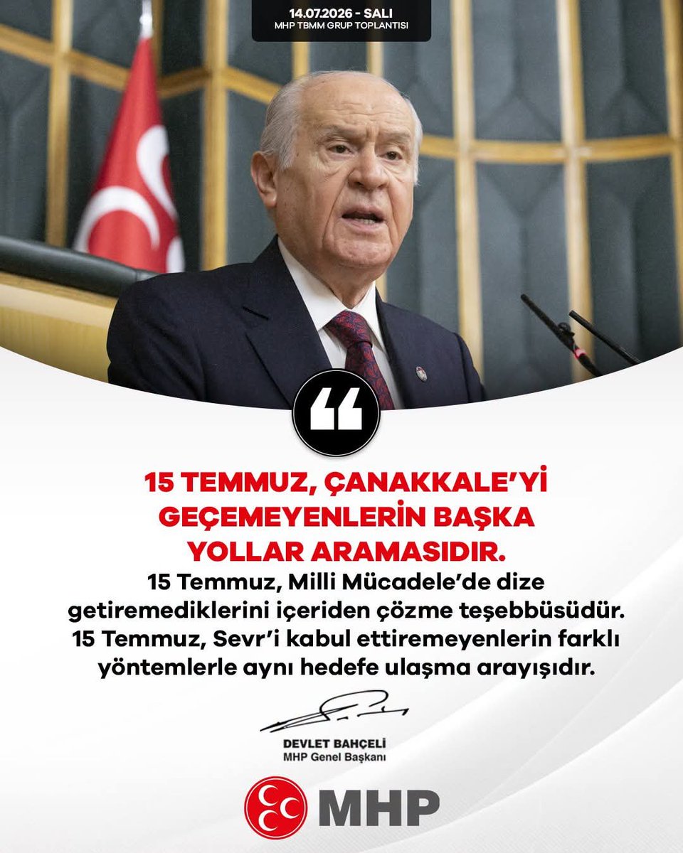 oglu_tamara's tweet photo. 15 Temmuz, Çanakkale’yi geçemeyenlerin başka yollar aramasıdır.
15 Temmuz, Milli Mücadele’de dize getiremediklerini içeriden çözme teşebbüsüdür.
15 Temmuz, Sevr’i kabul ettiremeyenlerin farklı yöntemlerle aynı hedefe ulaşma arayışıdır.

MHP Genel Başkanı
Devlet BAHÇELİ https://t.co/HRLloZDAuq