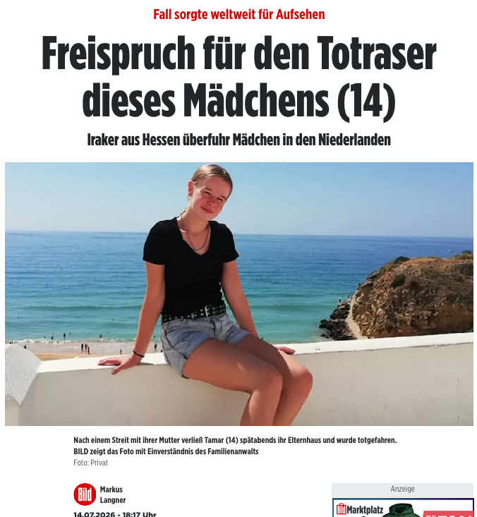 Wachruf's tweet photo. Einer der meistbeachteten Prozesse der Niederlande endete am Dienstag überraschend mit einem Freispruch. Der irakische Asylbewerber Jamal T. (33) aus Cölbe (Hessen) hatte vor sechs Jahren beim Autofahren in den Niederlanden aufs Handy geschaut und in dem Moment ein Mädchen (14) totgefahren. Anschließend fuhr er weiter. Er sollte zunächst eine Geldstrafe zahlen. Erst nach langem Drängen der Familie des Opfers erhob die Staatsanwaltschaft im März 2026 Anklage.
Das Gericht sprach Jamal T. jetzt allerdings von den Vorwürfen der  Fahrerflucht und der fahrlässigen Tötung frei. Die Richter waren überzeugt: Der Autofahrer hatte nicht bemerkt, dass er einen Menschen angefahren hatte. / Bild
