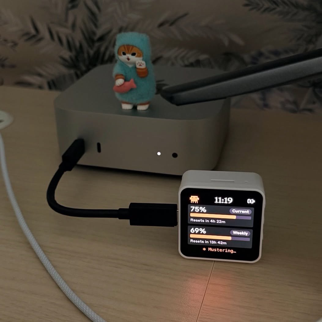 CodeByNZ's tweet photo. 👀 this guy built a tiny desk gadget that shows his live Claude Code usage in real time.