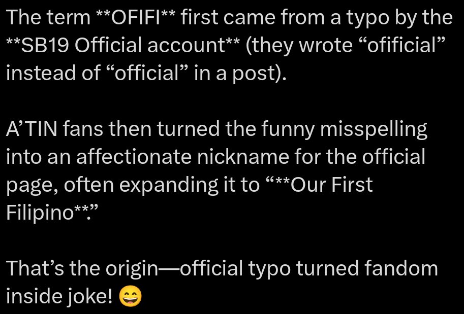 pinunso23's tweet photo. @risahontiveros Fan fact: The word OFIFI was discovered due to a typographical error made by SB19 official Account post during their release of their PAGTATAG merch 2023. Since then OFIFI became a nickname endearment of A'TIN to SB19 OFFICIAL ACCOUNT. https://t.co/cczo12diA0
