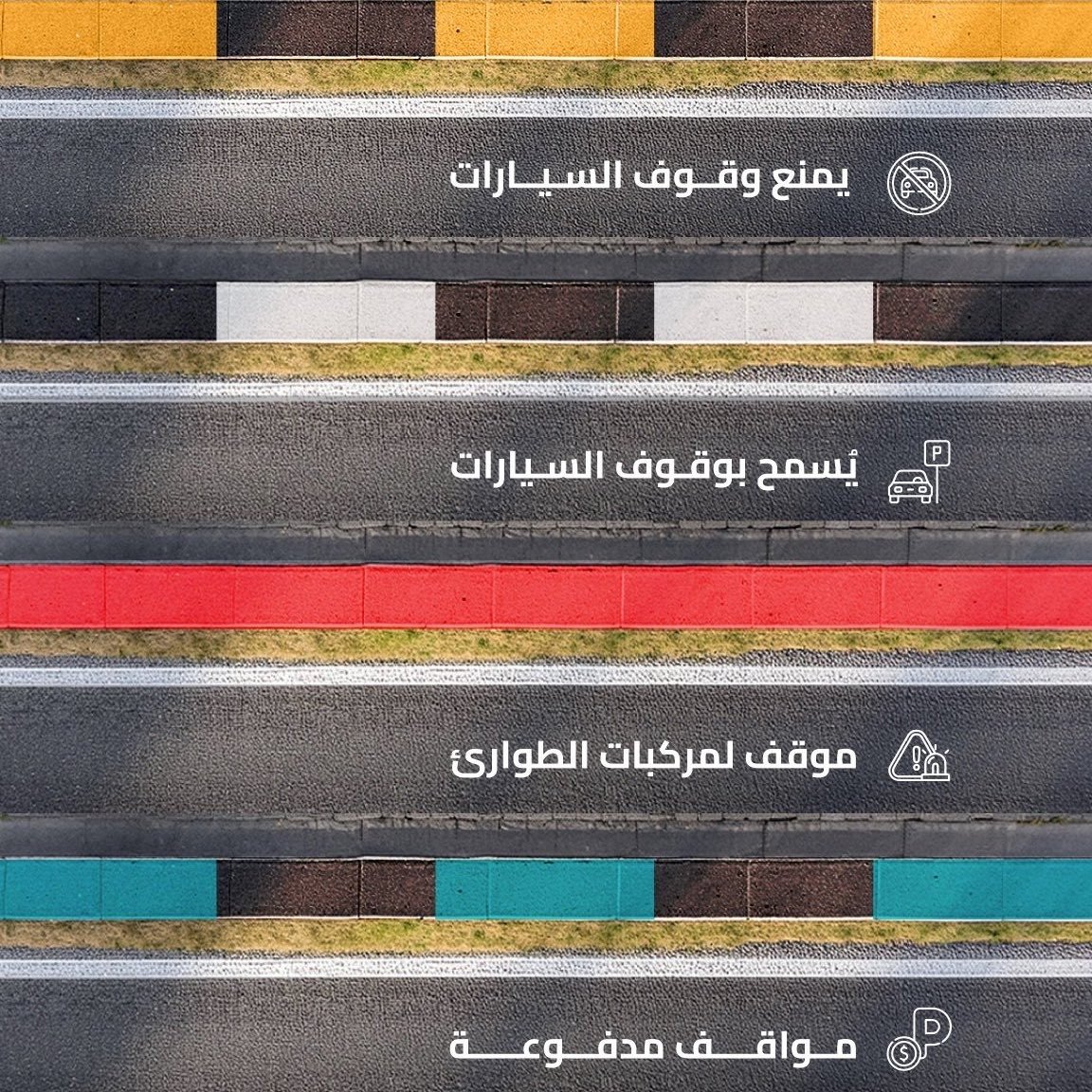 all_alriyadh's tweet photo. 📌قبل ما توقف في اي مكان تعرف على مدلولات الوقوف في الطرق بلون الرصيف.. 

🟡⚫️اللون الأصفر والأسود يمنع الوقوف

🔴⚪️اللون الأحمر مخصص لمركبات الطوارئ
 
⚫️⚪️اللون الأسود والأبيض يسمح بالوقوف

🔵⚫️اللون الأزرق والأسود للمواقف المدفوعة https://t.co/4TKQ8IlGe2