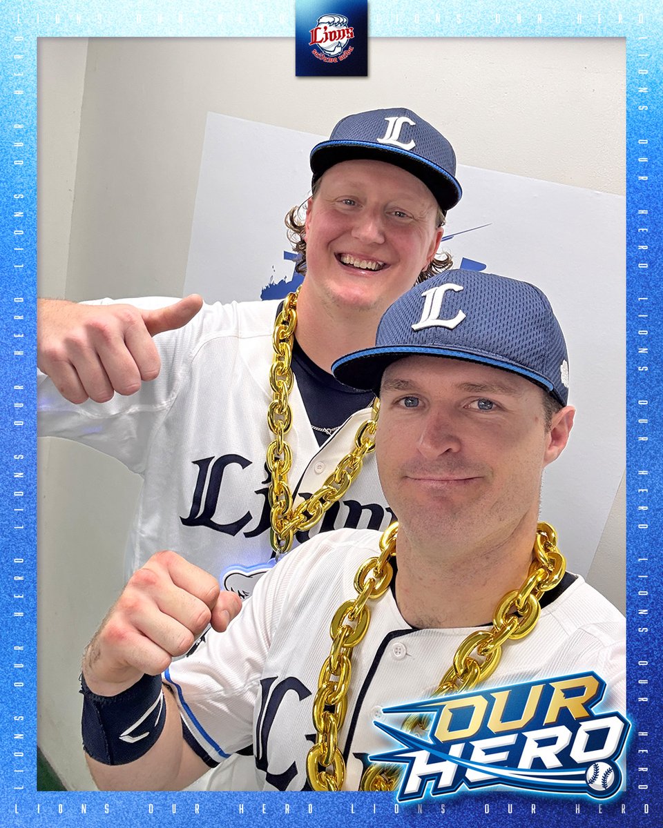 lions_official's tweet photo. #OURHERO🥇

#ウィンゲンター 投手
#ネビン 選手

#seibulions #打破 #圧倒的至近距離 https://t.co/ehHDcAK8Xt