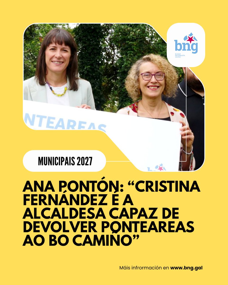 obloque's tweet photo. ➡️ @anaponton: “Cristina Fernández é a alcaldesa capaz de devolver Ponteareas ao bo camiño cun concello ao servizo das persoas”

➡️ A candidata aposta por mellorar infraestruturas básicas, reforzar servizos públicos e recuperar a participación cidadá.

🔗 https://t.co/gHSBlJDUhT https://t.co/7kYsi4bPDm
